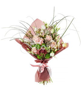 bouquet of roses, lisianthus and chrysanthemums
